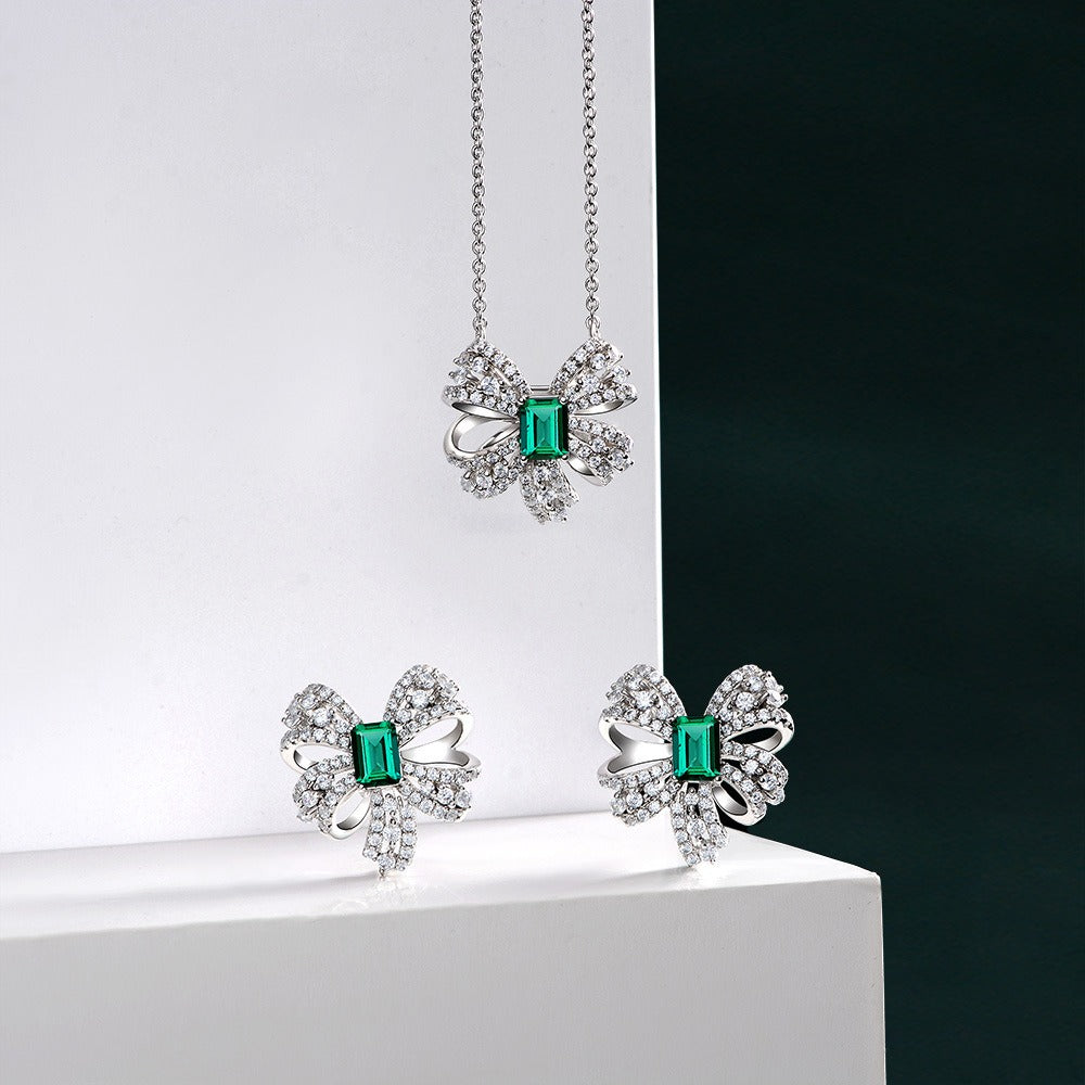OliyaDesign 1.5Ct Rectangular 5*7 Zambian Cultured Emerald 925 Silver Butterfly Necklace