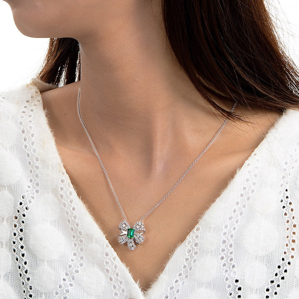 OliyaDesign 1.5Ct Rectangular 5*7 Zambian Cultured Emerald 925 Silver Butterfly Necklace