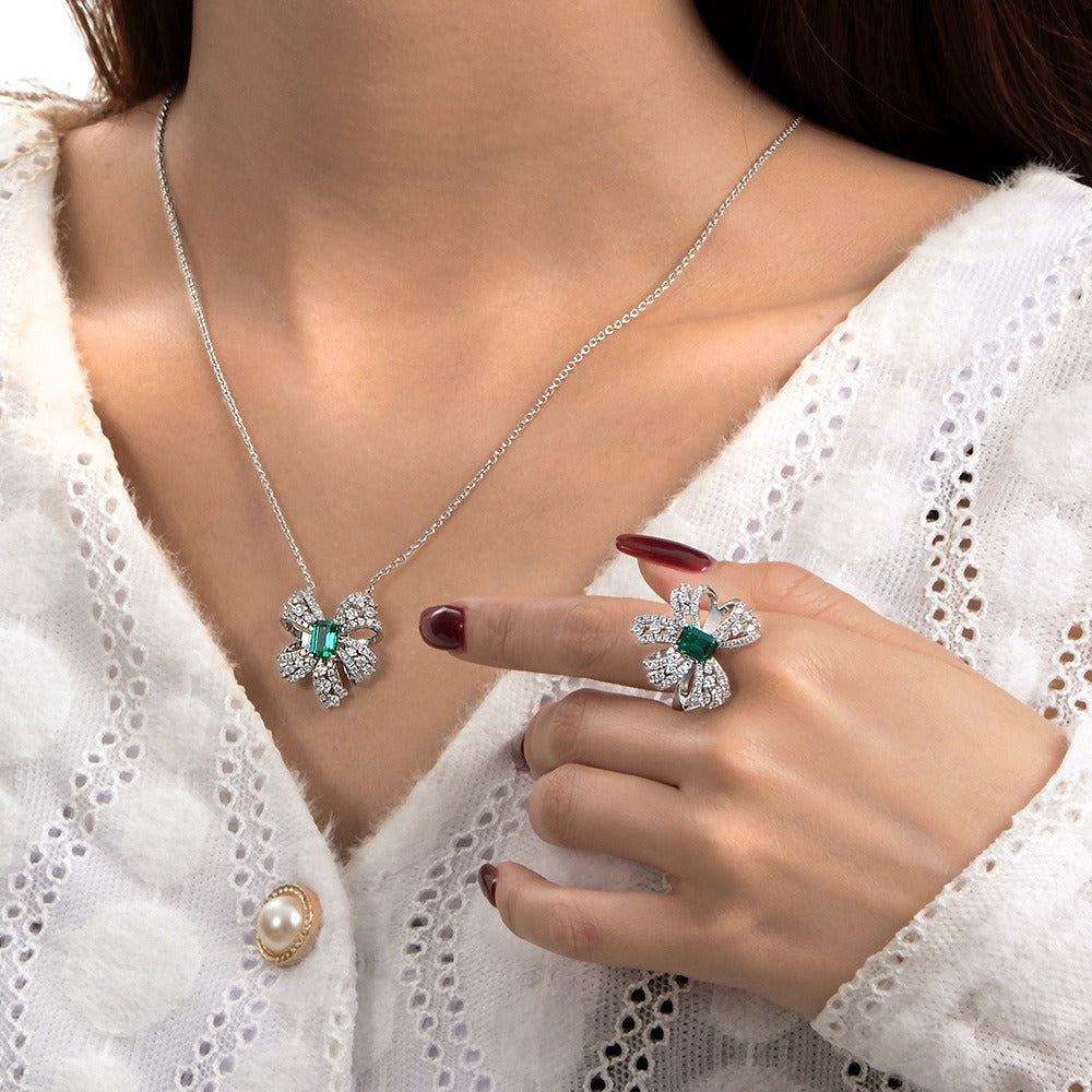 OliyaDesign 1.5Ct Rectangular 5*7 Zambian Cultured Emerald 925 Silver Butterfly Necklace