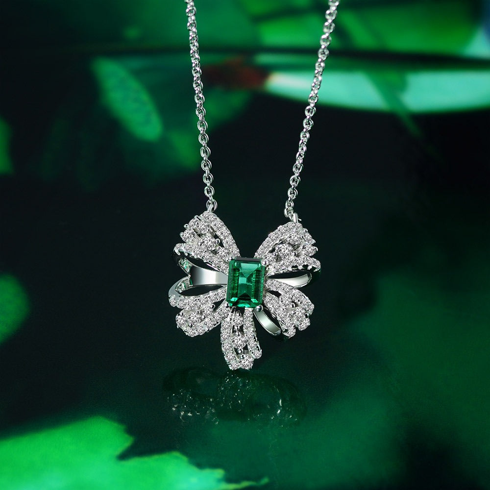 OliyaDesign 1.5Ct Rectangular 5*7 Zambian Cultured Emerald 925 Silver Butterfly Necklace