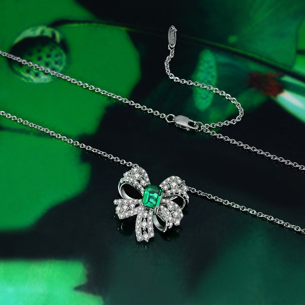 OliyaDesign 1.5Ct Rectangular 5*7 Zambian Cultured Emerald 925 Silver Butterfly Necklace