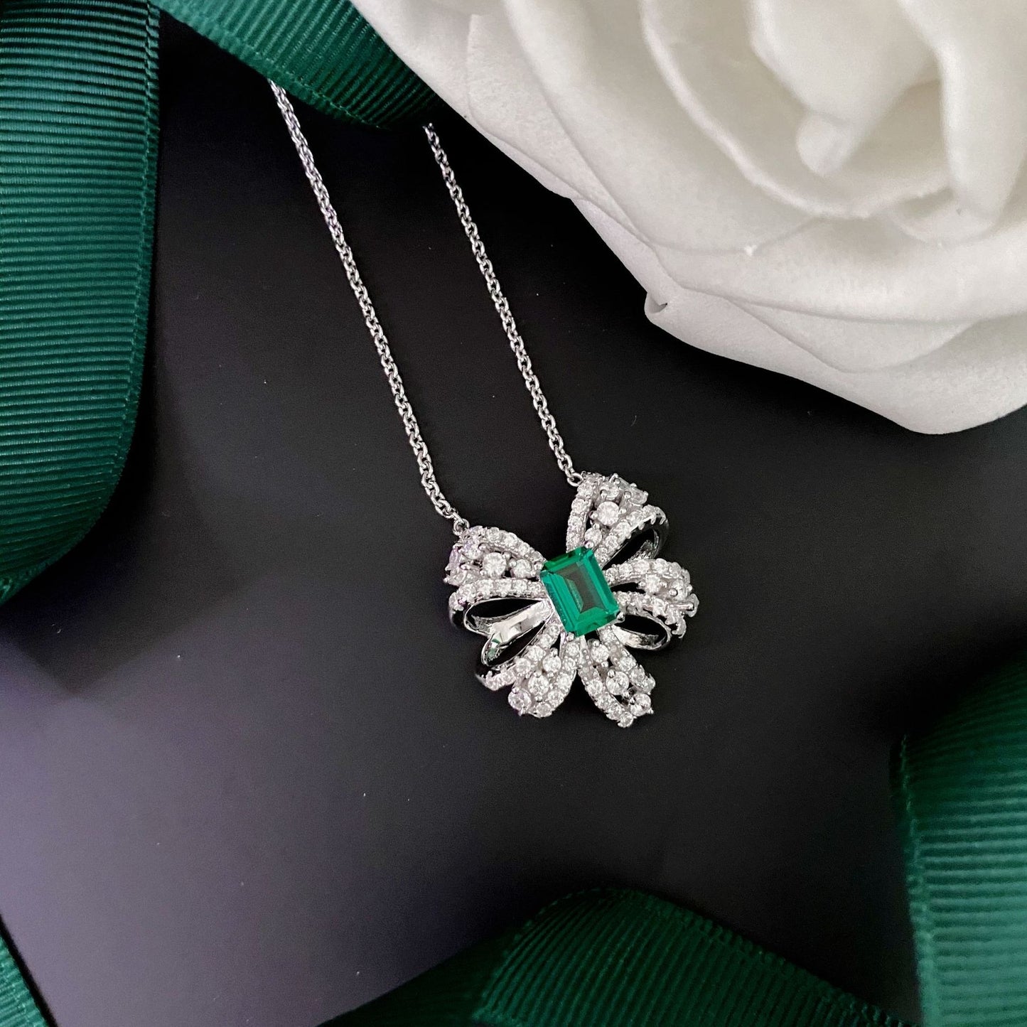 OliyaDesign 1.5Ct Rectangular 5*7 Zambian Cultured Emerald 925 Silver Butterfly Necklace