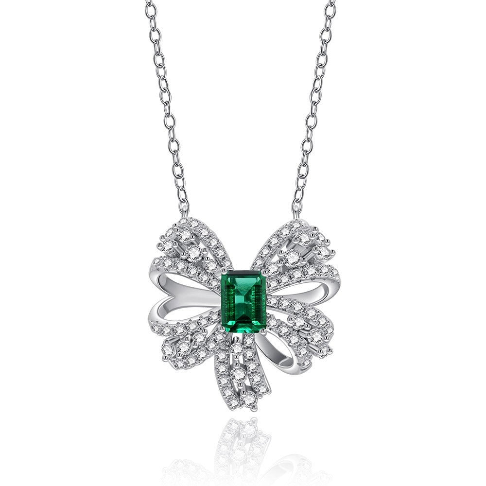 OliyaDesign 1.5Ct Rectangular 5*7 Zambian Cultured Emerald 925 Silver Butterfly Necklace