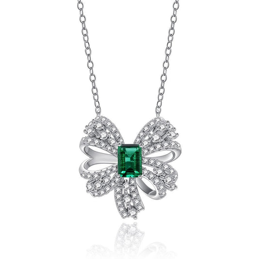 OliyaDesign 1.5Ct Rectangular 5*7 Zambian Cultured Emerald 925 Silver Butterfly Necklace