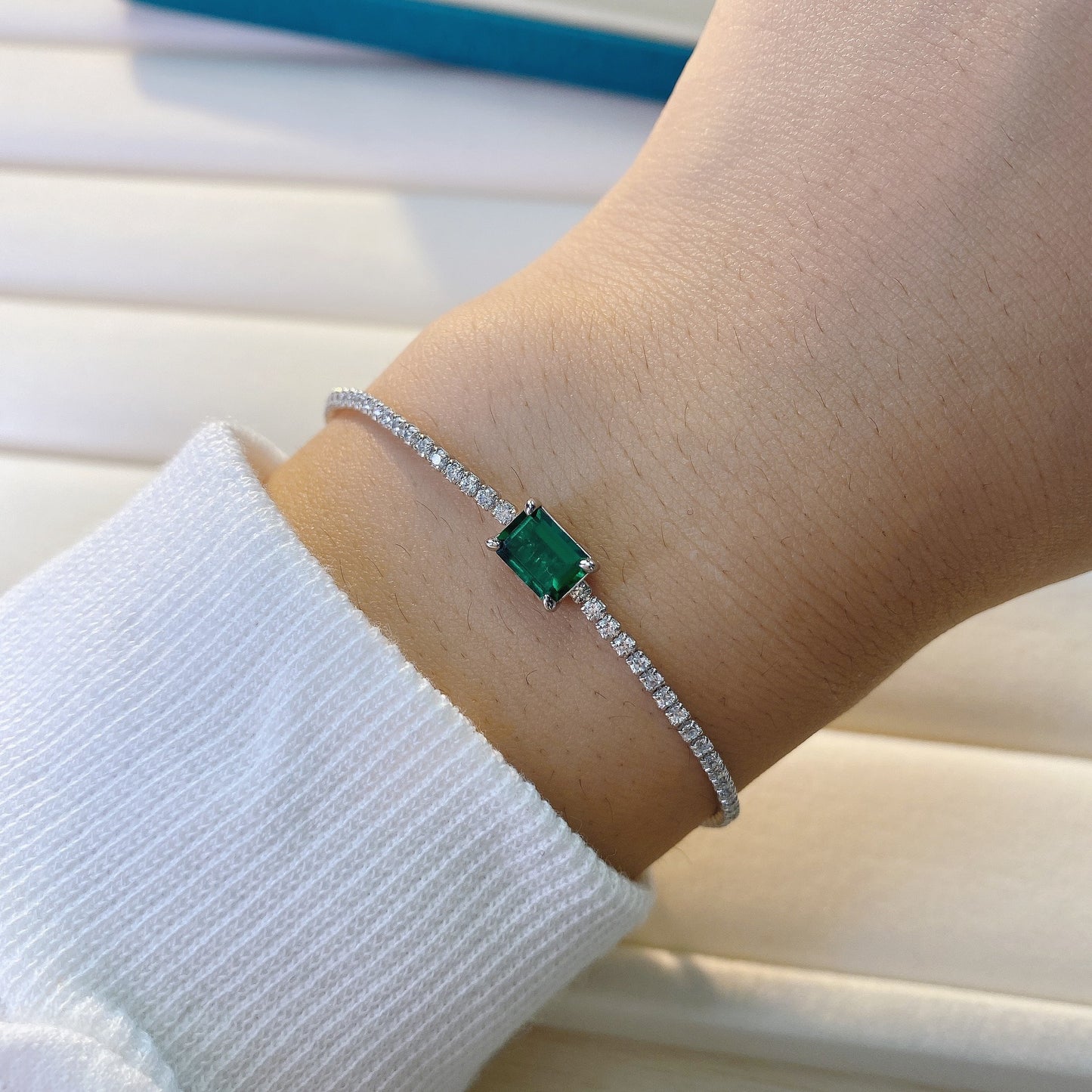 OliyaDesign 1.25Ct Lab-Grown Emerald 925 Sterling Silver 5*7 Vintage Bracelet