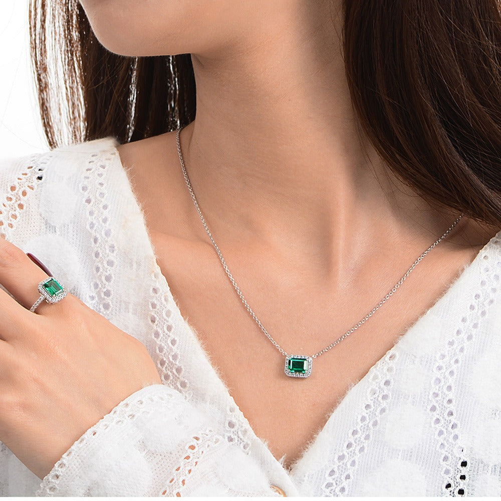 OliyaDesign 1.5 Carat Rectangular Zambian-Colored Lab-Grown Emerald Necklace (6*8 mm)