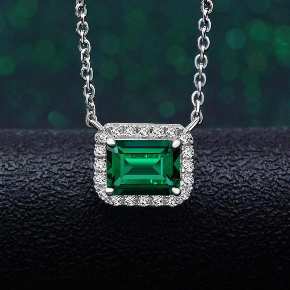 OliyaDesign 1.5 Carat Rectangular Zambian-Colored Lab-Grown Emerald Necklace (6*8 mm)