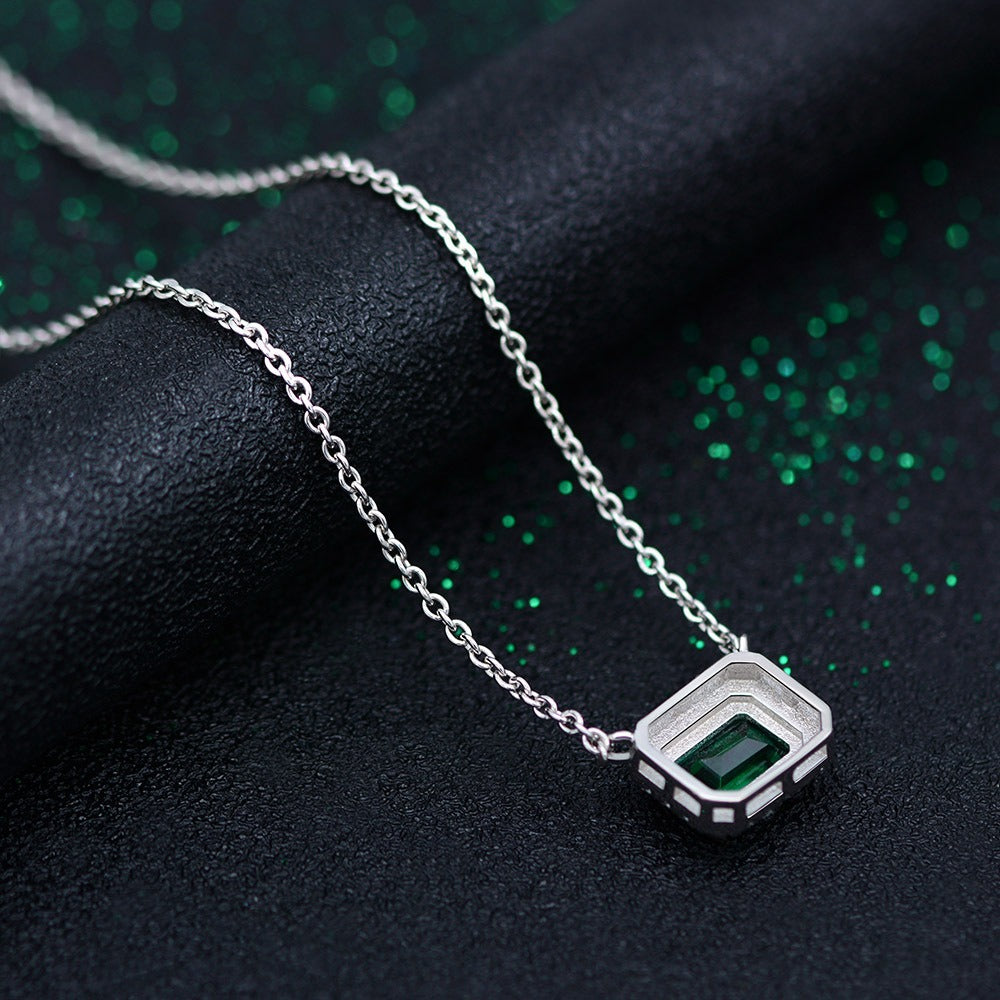 OliyaDesign 1.5 Carat Rectangular Zambian-Colored Lab-Grown Emerald Necklace (6*8 mm)