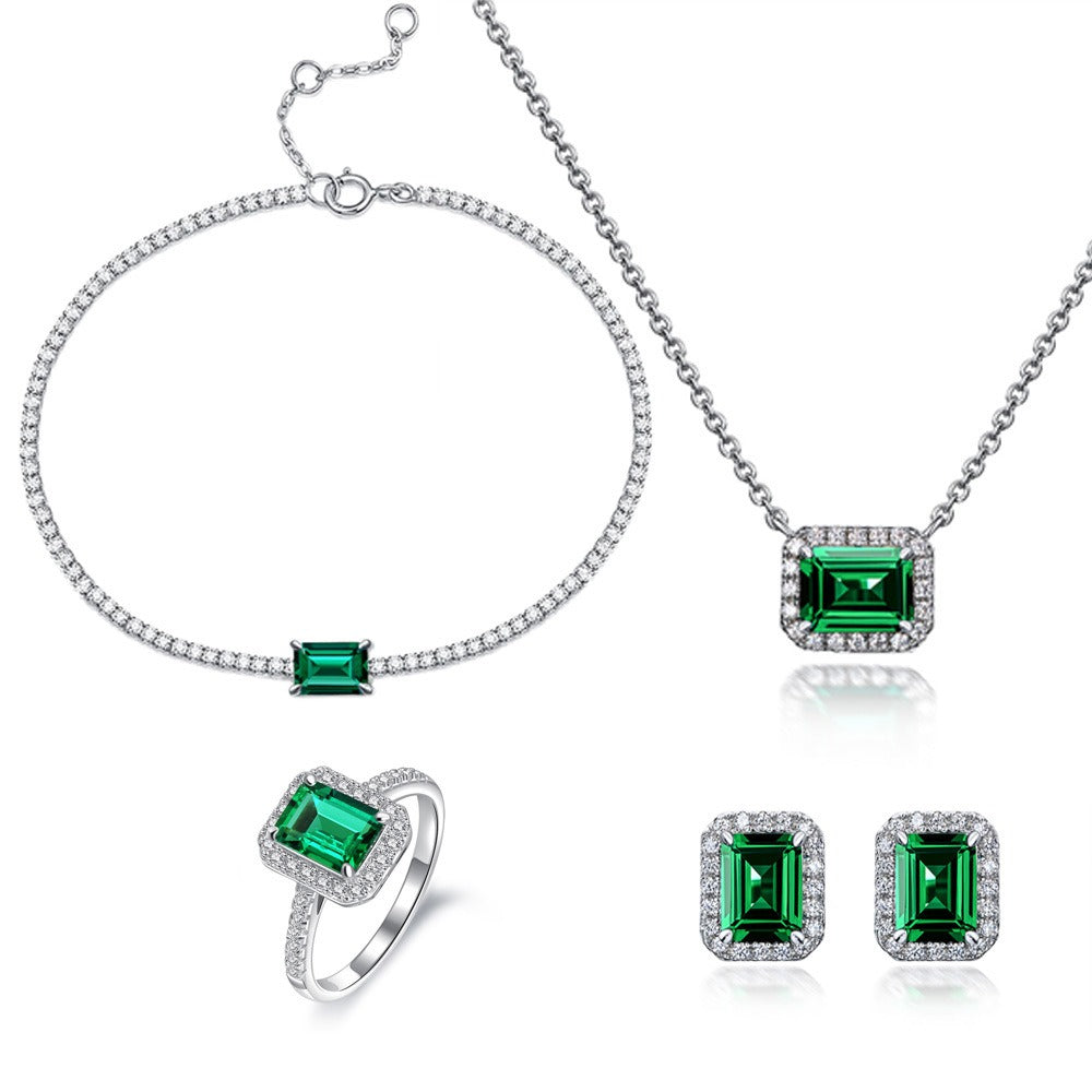 OliyaDesign 1.5 Carat Rectangular Zambian-Colored Lab-Grown Emerald Necklace (6*8 mm)