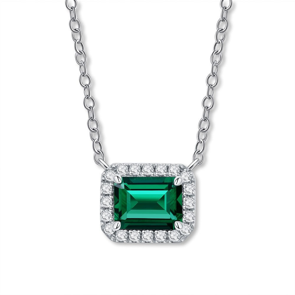 OliyaDesign 1.5 Carat Rectangular Zambian-Colored Lab-Grown Emerald Necklace (6*8 mm)
