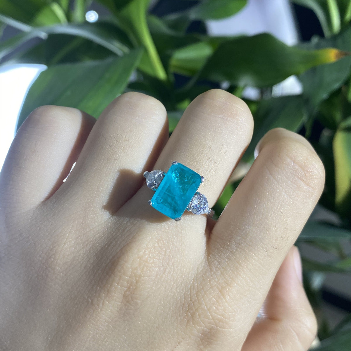 OliyaDesign 925 Sterling Silver 5-Carat Synthetic Paraiba Rectangular 8*12 High-Carbon Diamond Ring