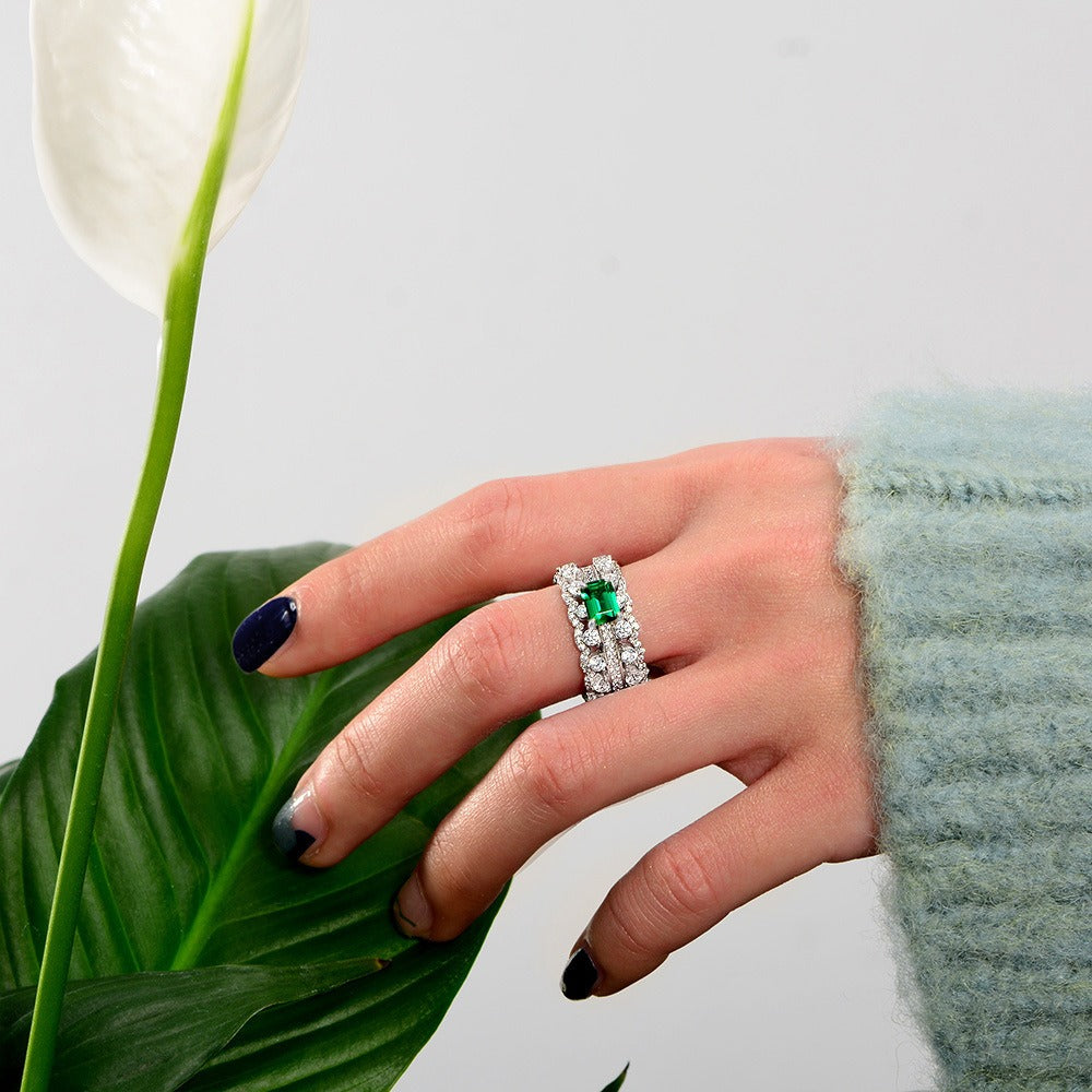 OliyaDesign 5*7mm S925 Sterling Silver Green Diamond Rectangular 1ct Band Ring