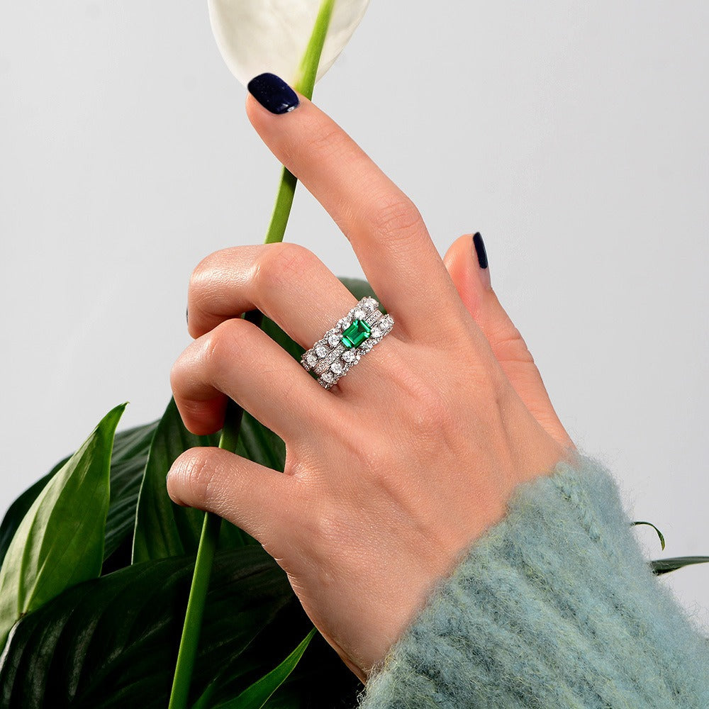 OliyaDesign 5*7mm S925 Sterling Silver Green Diamond Rectangular 1ct Band Ring