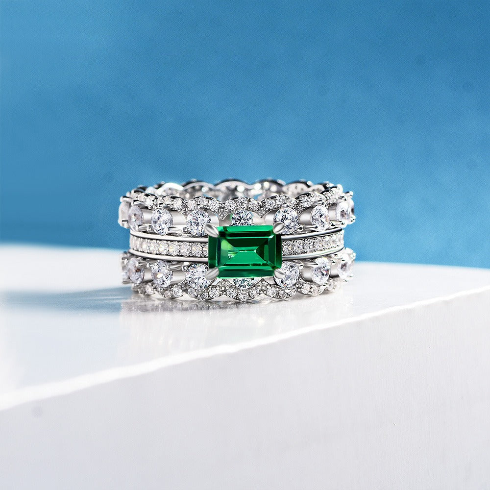 OliyaDesign 5*7mm S925 Sterling Silver Green Diamond Rectangular 1ct Band Ring