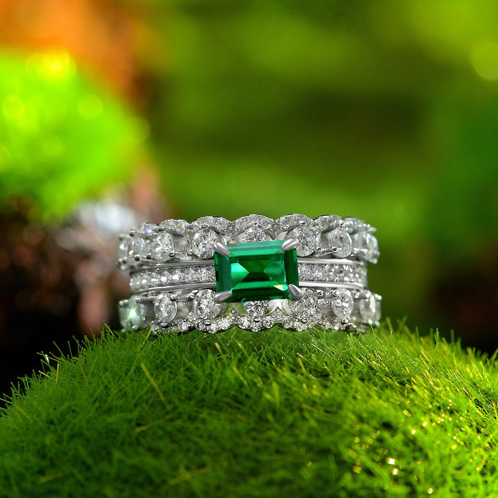 OliyaDesign 5*7mm S925 Sterling Silver Green Diamond Rectangular 1ct Band Ring