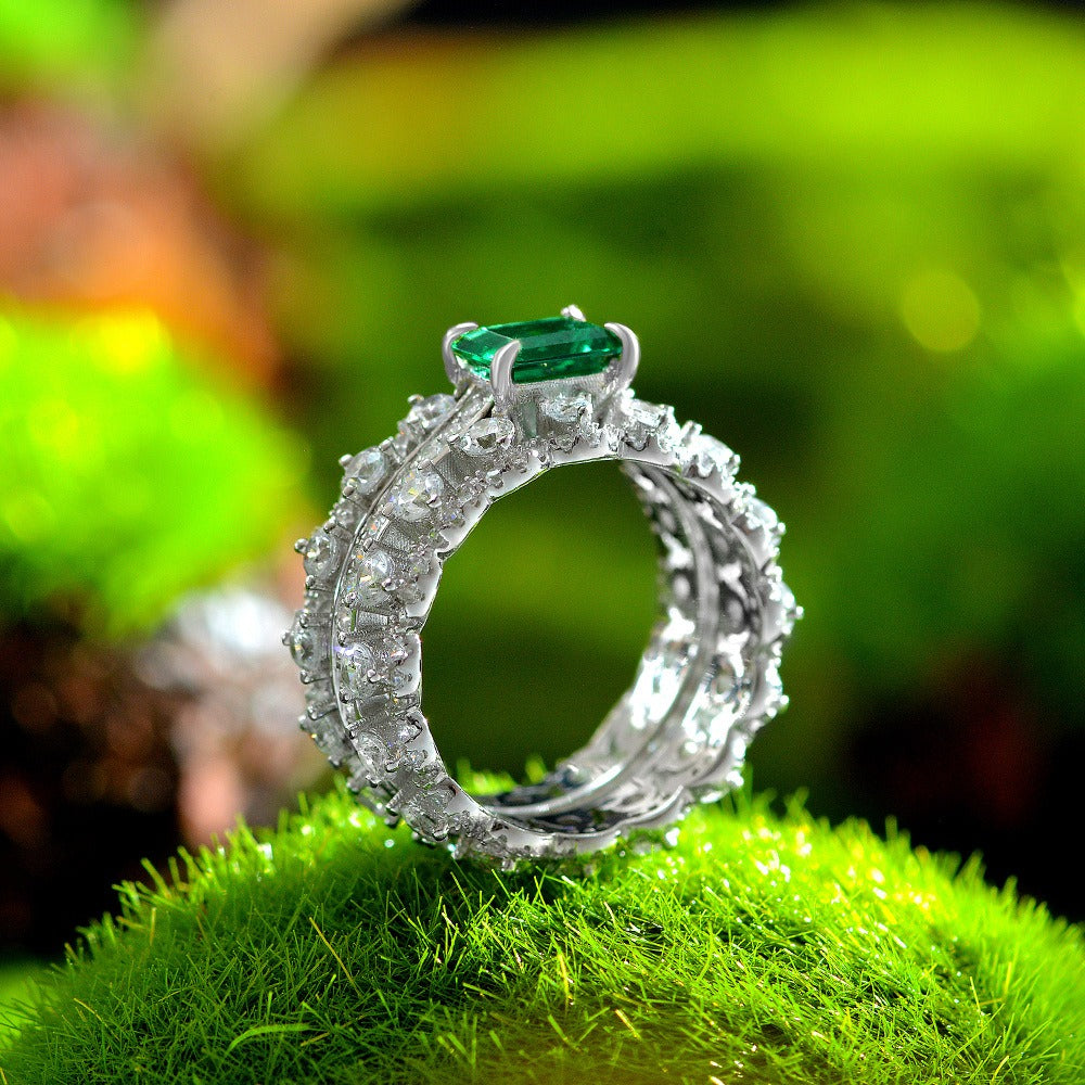 OliyaDesign 5*7mm S925 Sterling Silver Green Diamond Rectangular 1ct Band Ring