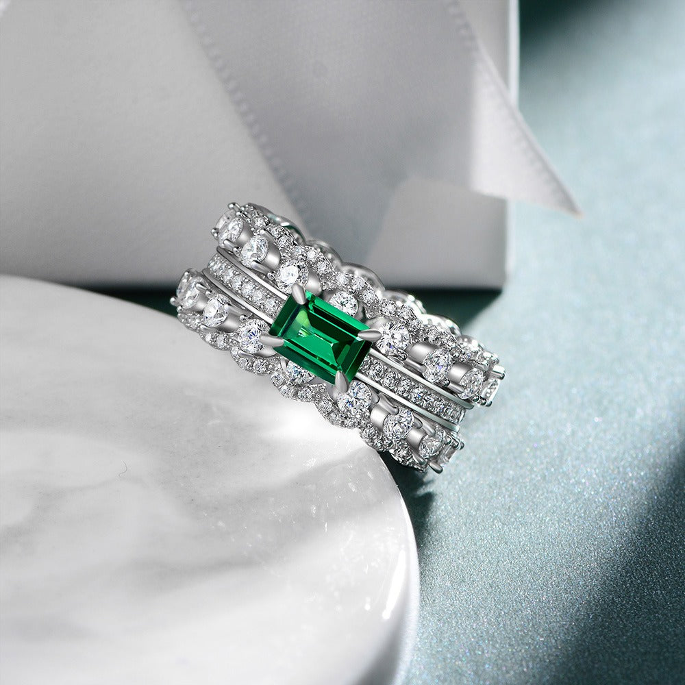 OliyaDesign 5*7mm S925 Sterling Silver Green Diamond Rectangular 1ct Band Ring