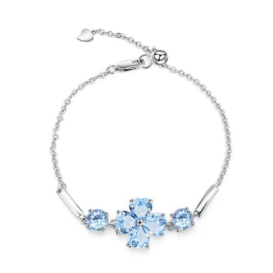 OliyaDesign S925 Sterling Silver Bracelet with Four-Leaf Clover and Natural Topaz