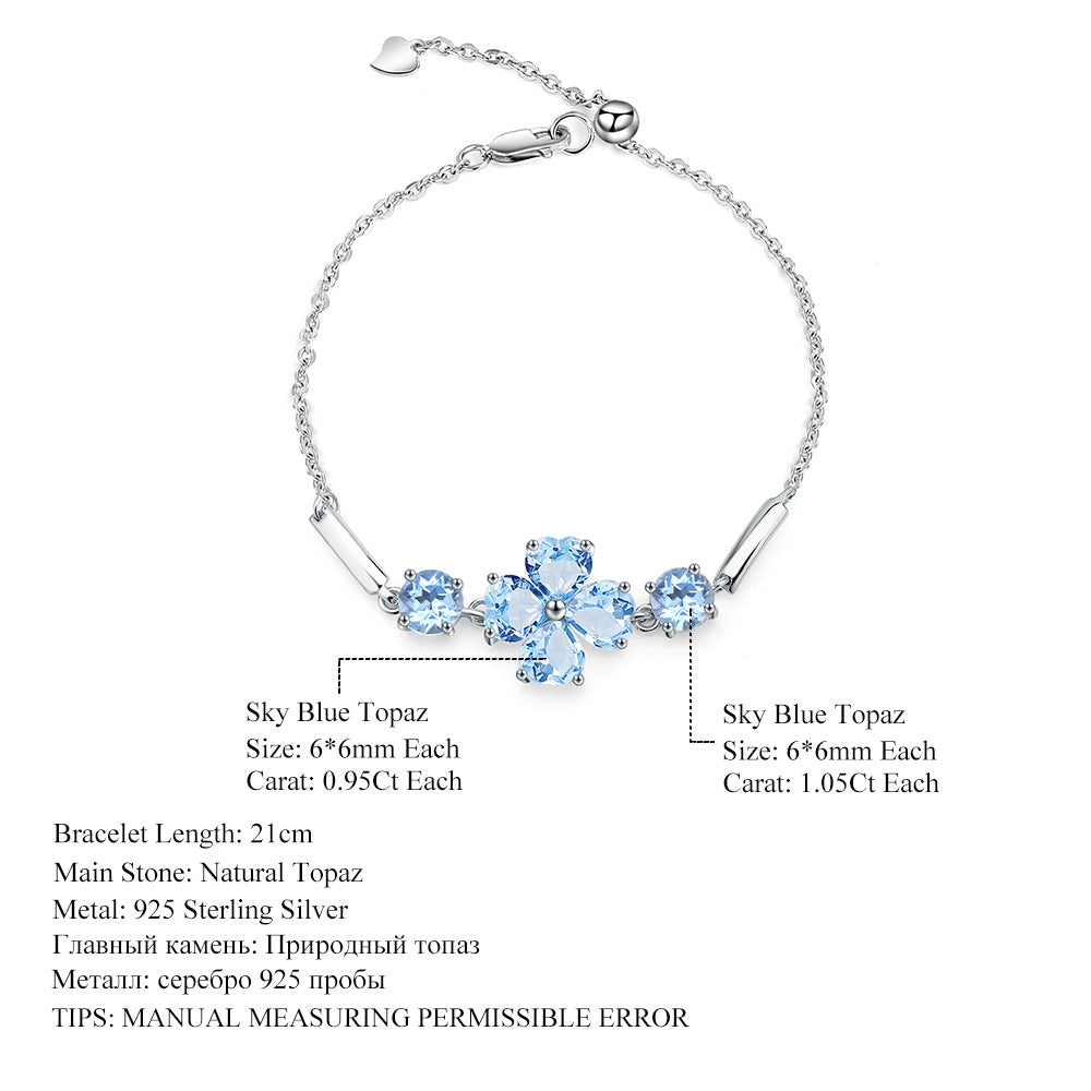 OliyaDesign S925 Sterling Silver Bracelet with Four-Leaf Clover and Natural Topaz