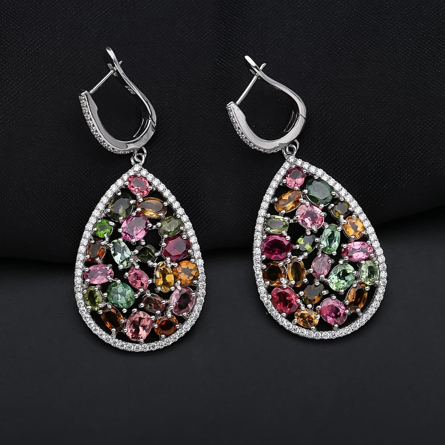 OliyaDesign Tourmaline European And American Retro Style Personalized Colorful Gemstone Natural Crystal S925 Silver Earrings