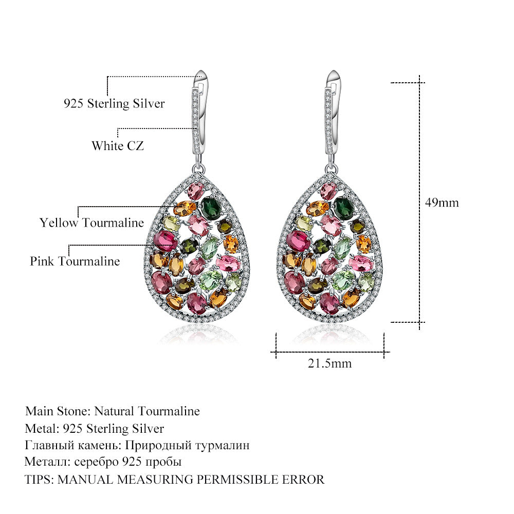 OliyaDesign Tourmaline European And American Retro Style Personalized Colorful Gemstone Natural Crystal S925 Silver Earrings