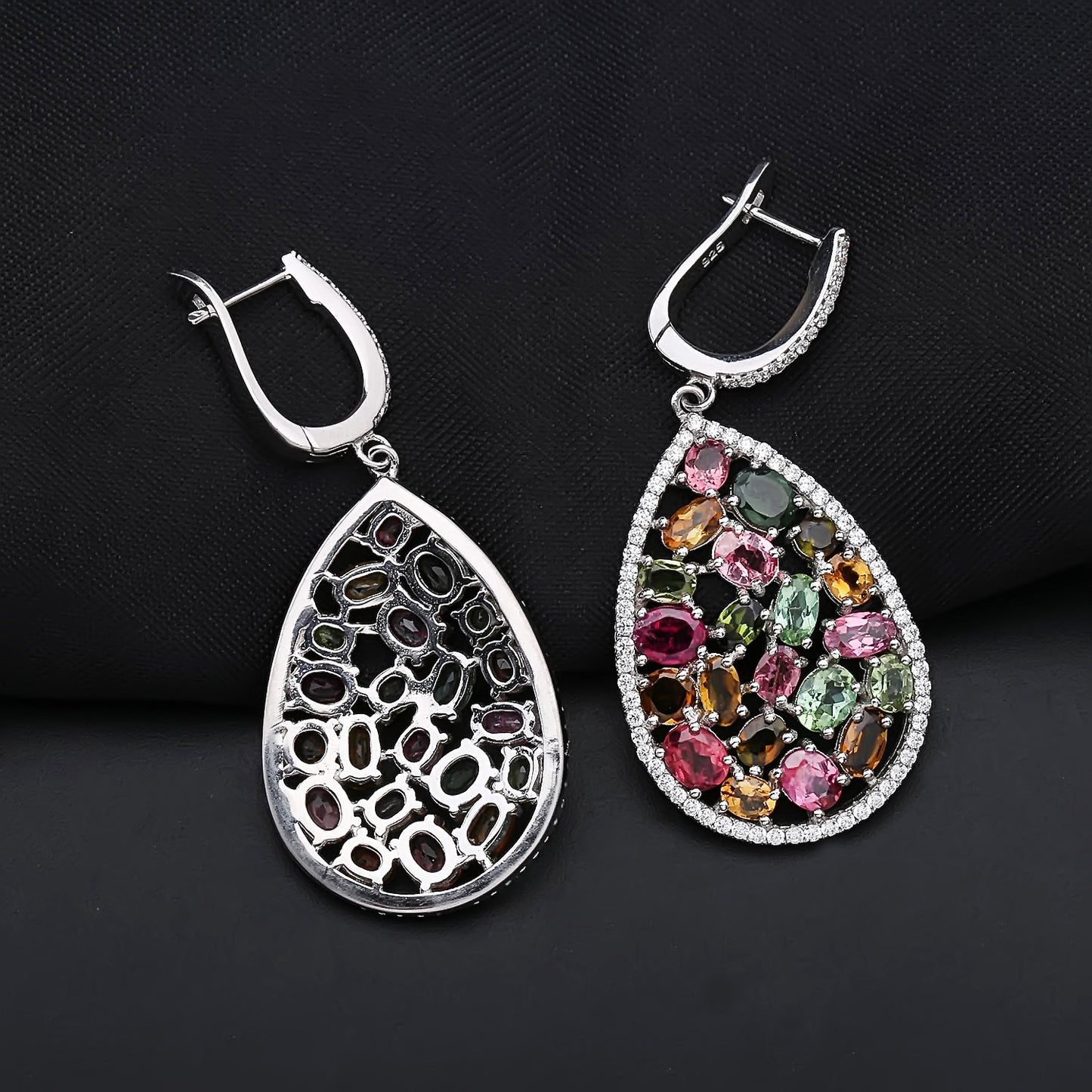 OliyaDesign Tourmaline European And American Retro Style Personalized Colorful Gemstone Natural Crystal S925 Silver Earrings