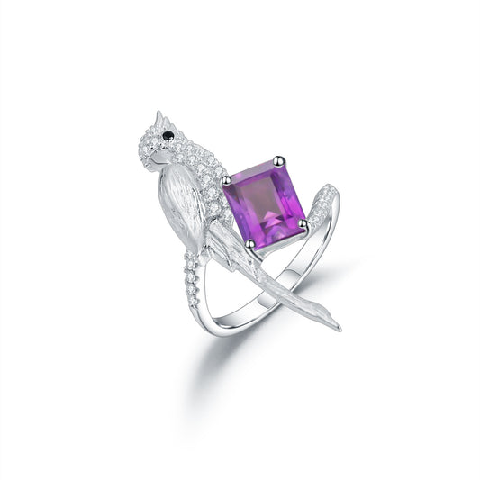 OliyaDesign Designer-Style, High-End Ring Featuring A Bird Design, Made Of S925 Sterling Silver And Set With Natural Amethyst.