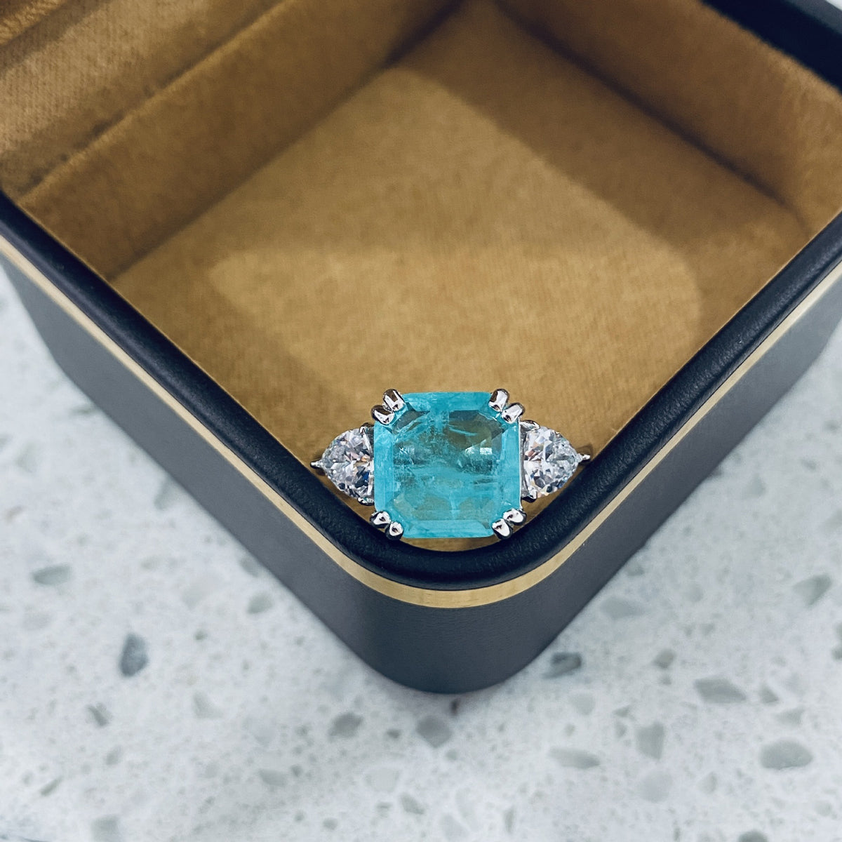 OliyaDesign 3.8-Carat Synthetic Paraiba Cube 10X10 Ascher High-Carbon Diamond 925 Silver Ring