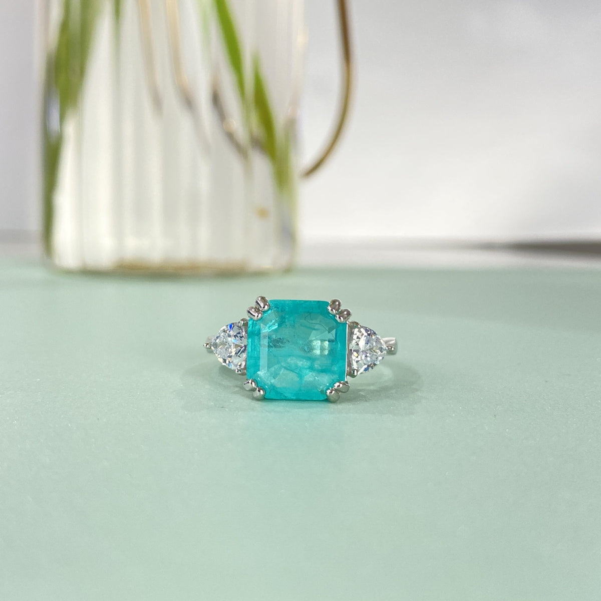 OliyaDesign 3.8-Carat Synthetic Paraiba Cube 10X10 Ascher High-Carbon Diamond 925 Silver Ring