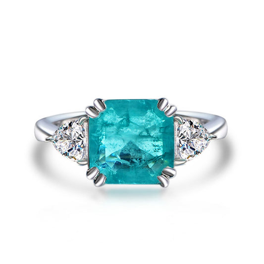 OliyaDesign 3.8-Carat Synthetic Paraiba Cube 10X10 Ascher High-Carbon Diamond 925 Silver Ring