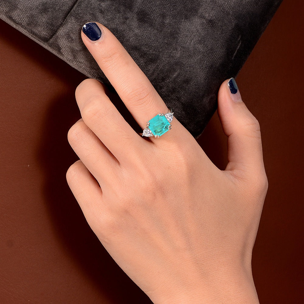 OliyaDesign 3.8-Carat Synthetic Paraiba Cube 10X10 Ascher High-Carbon Diamond 925 Silver Ring
