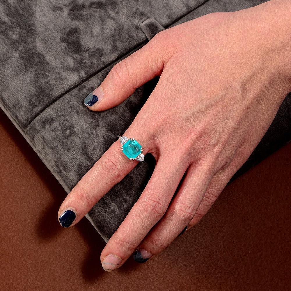 OliyaDesign 3.8-Carat Synthetic Paraiba Cube 10X10 Ascher High-Carbon Diamond 925 Silver Ring
