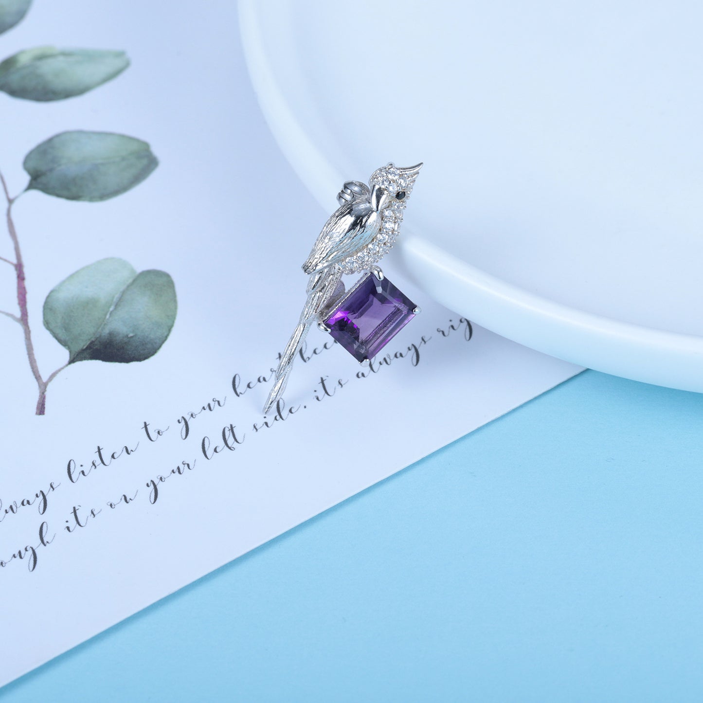 925 Sterling Silver Natural Gemstone Amethyst Bird Necklace Pendant Brooch