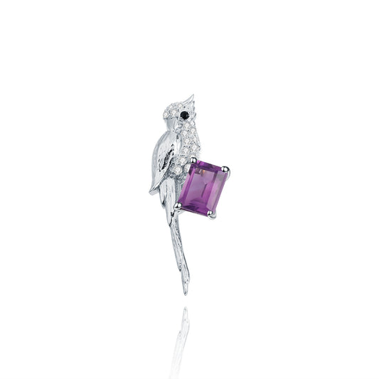 925 Sterling Silver Natural Gemstone Amethyst Bird Necklace Pendant Brooch