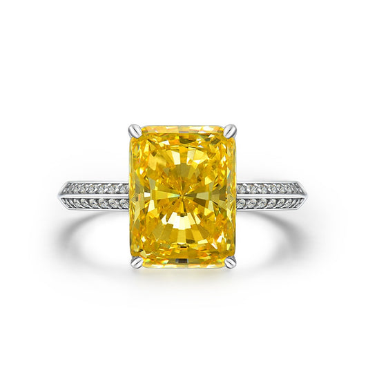 OliyaDesign Rectangular 9*12 Floral Pattern, Round Pointed Bottom, Goose Yellow, 925 Sterling Silver, High-Carbon Diamond Ring