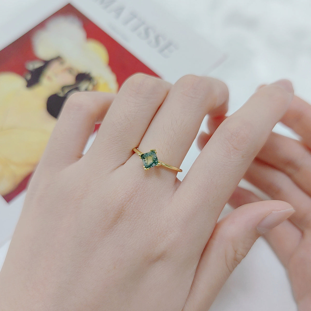 OliyaDesign Instagram-Worthy Natural Agate And Moss-Patterned Ring, 18K Gold-Plated S925 Sterling Silver, High-End Gemstone Ring