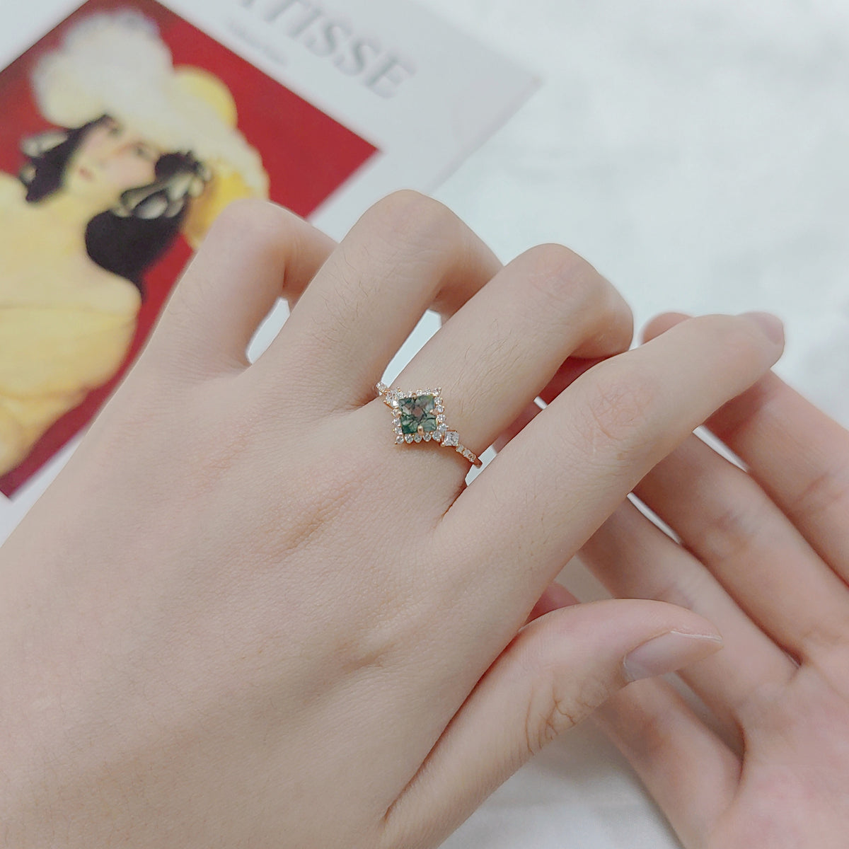 OliyaDesign Instagram-Worthy Natural Agate And Moss-Patterned Ring, 18K Gold-Plated S925 Sterling Silver, High-End Gemstone Ring