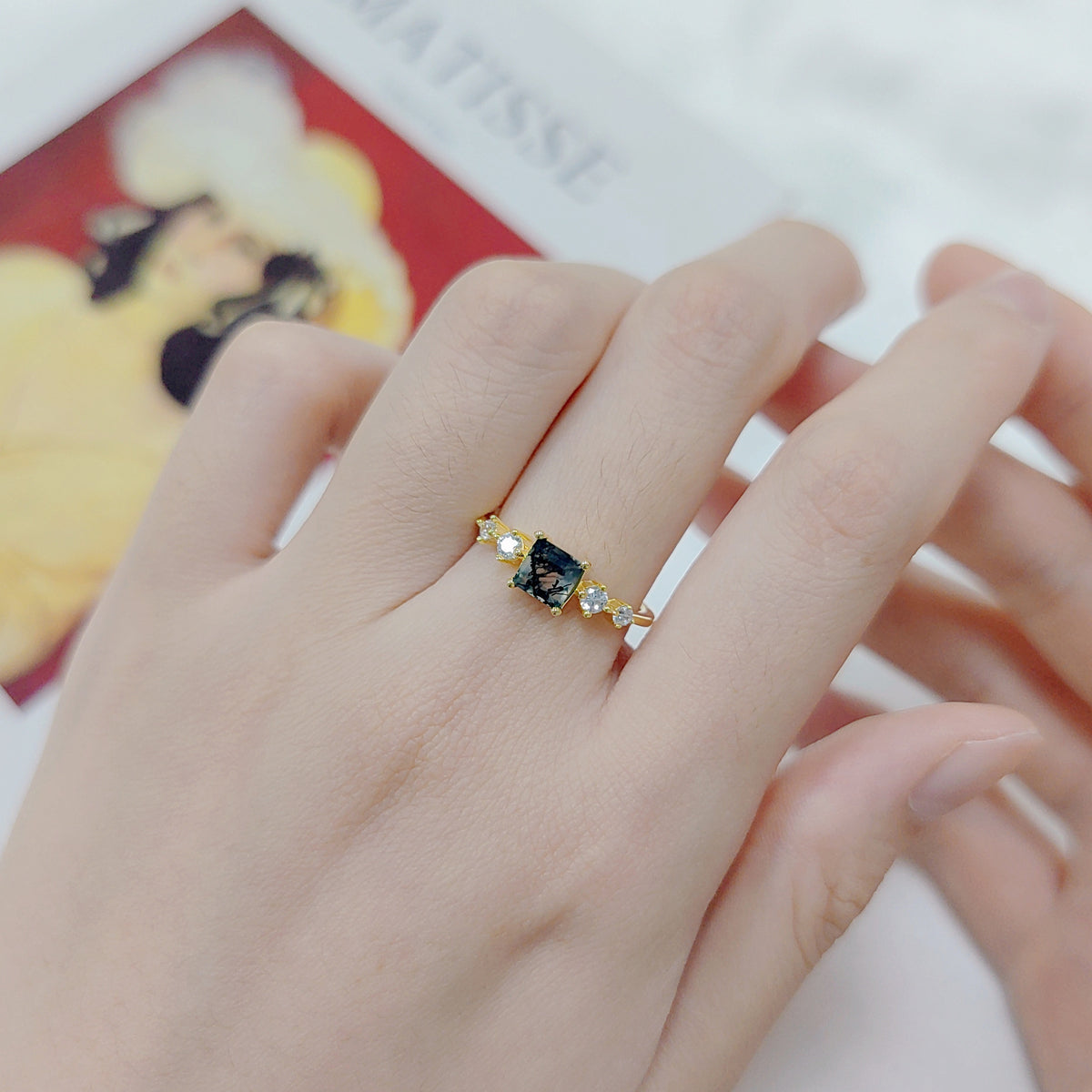 OliyaDesign Instagram-Worthy Natural Agate And Moss-Patterned Ring, 18K Gold-Plated S925 Sterling Silver, High-End Gemstone Ring