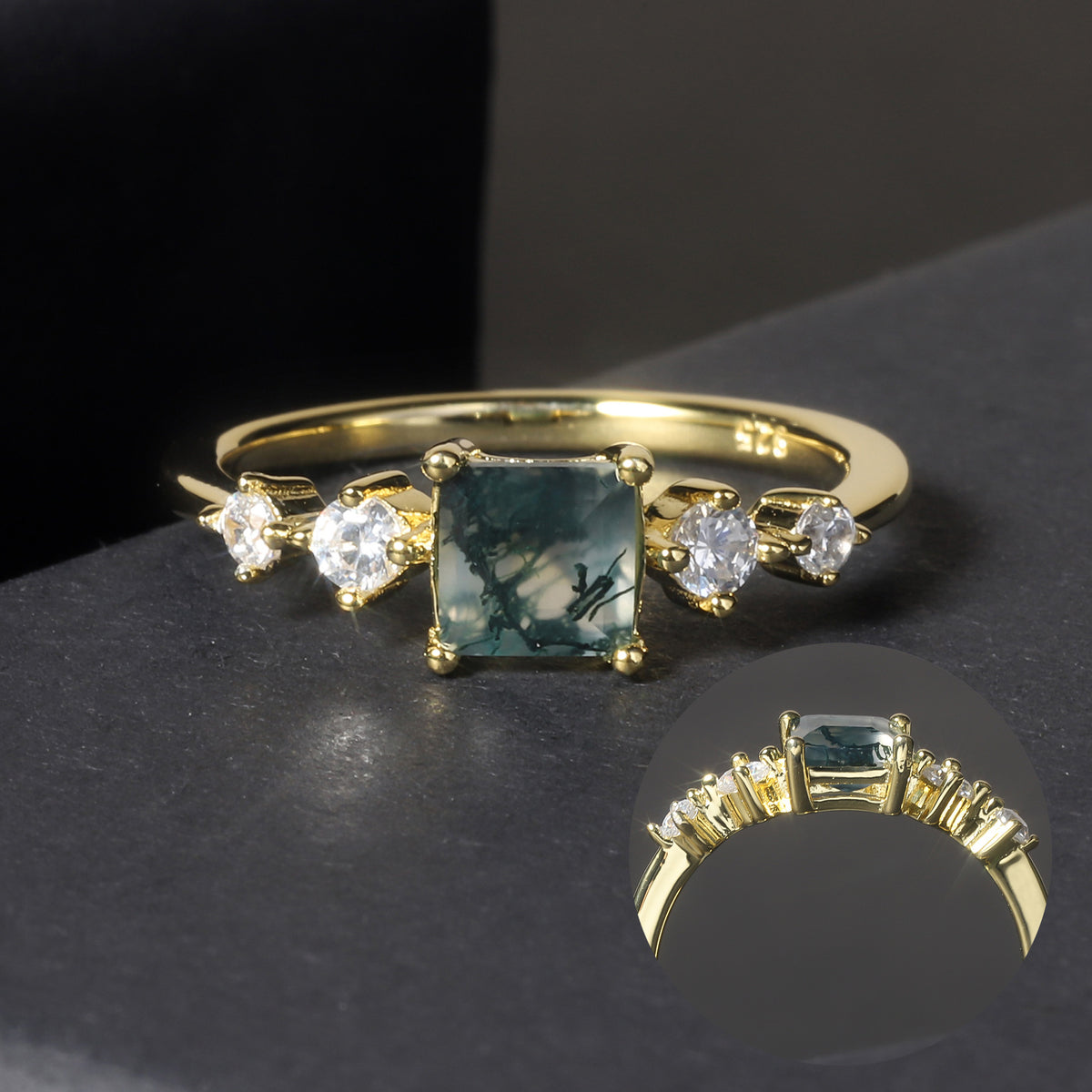 OliyaDesign Instagram-Worthy Natural Agate And Moss-Patterned Ring, 18K Gold-Plated S925 Sterling Silver, High-End Gemstone Ring
