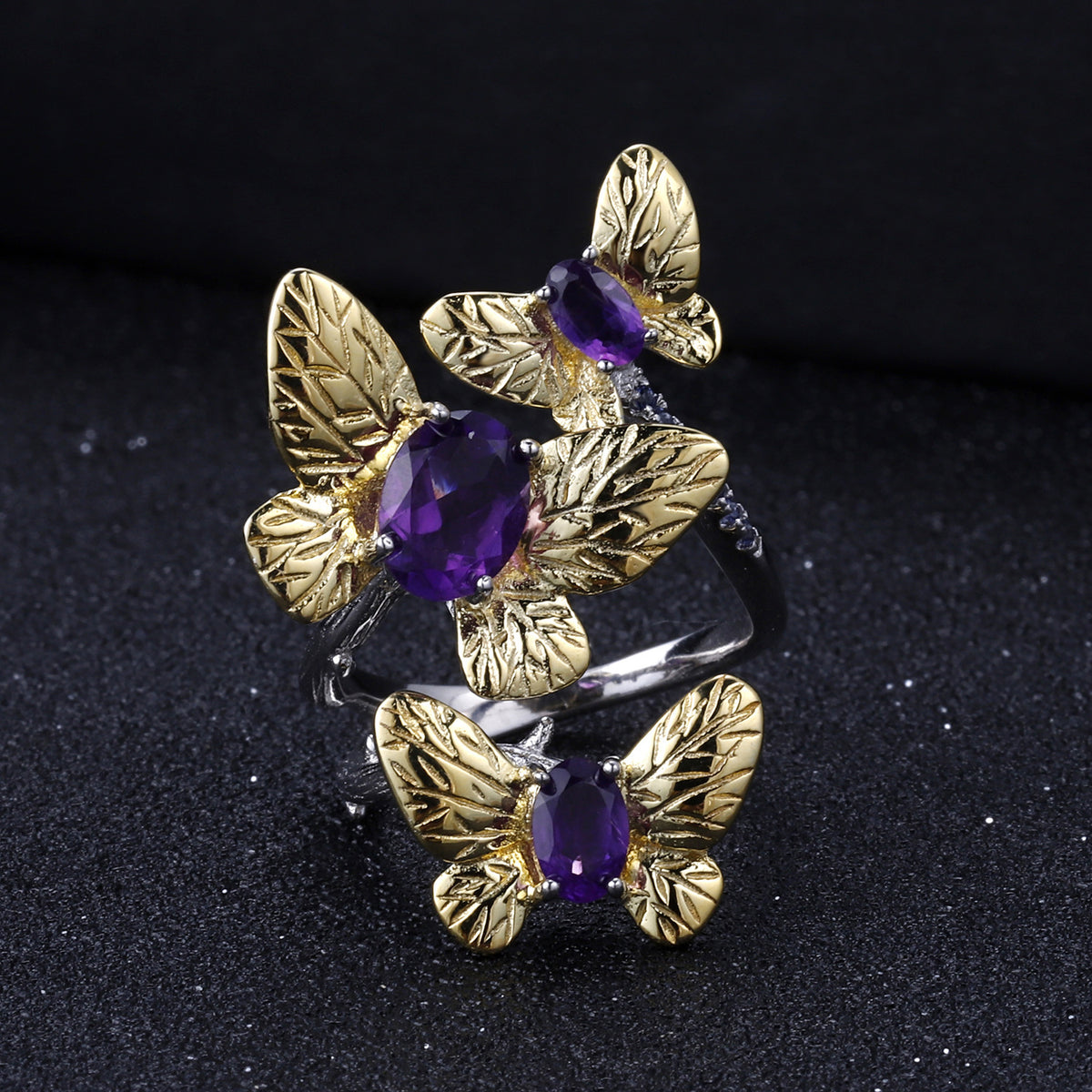 OliyaDesign Natural Butterfly Design 925 Sterling Silver Open Ring With Natural Amethyst