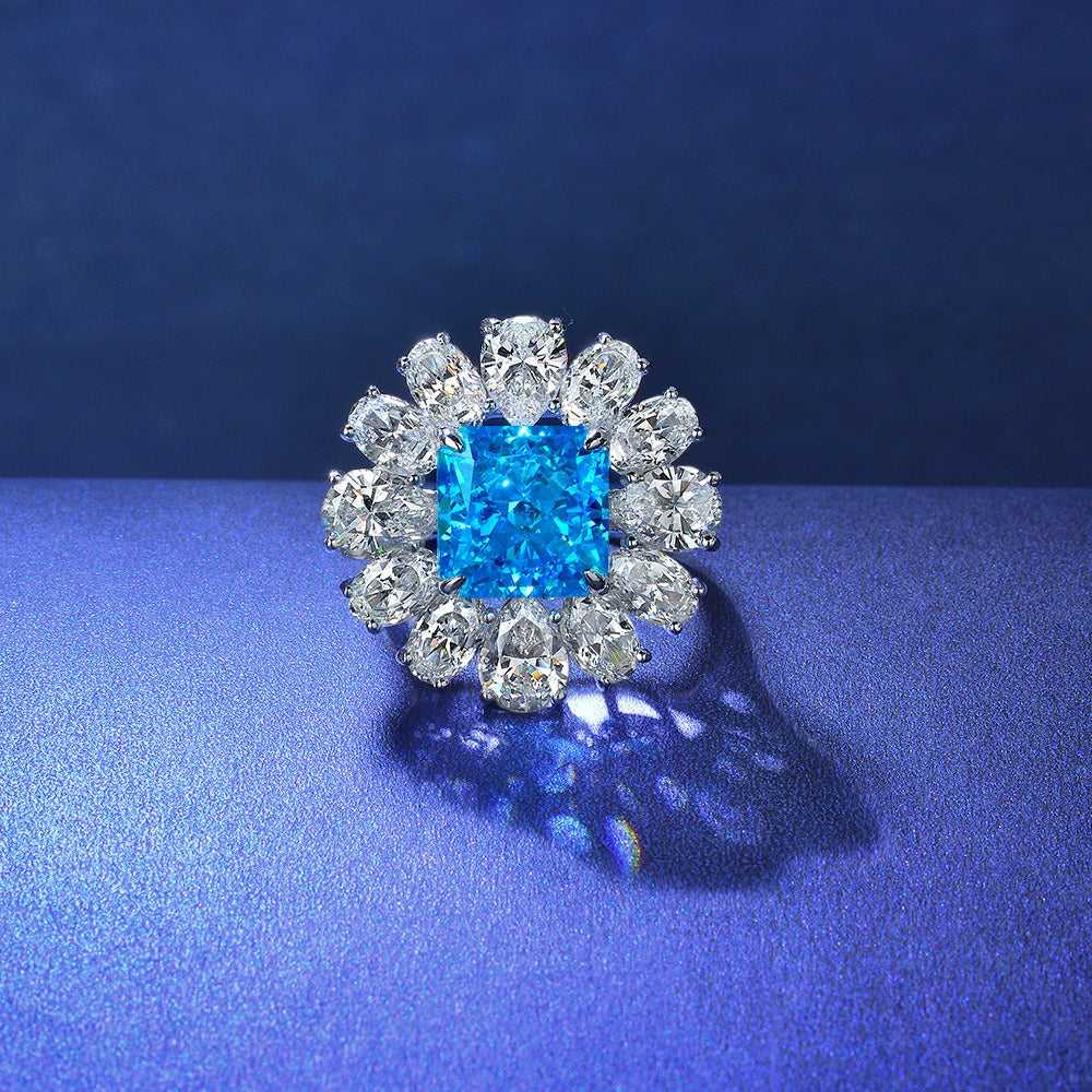 OliyaDesign 5Ct Square 10*10 Floral Design 925 Silver Aquamarine Ring