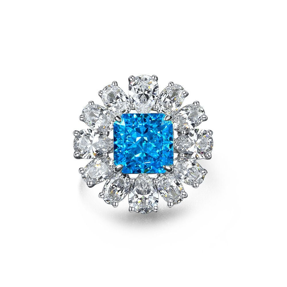 OliyaDesign 5Ct Square 10*10 Floral Design 925 Silver Aquamarine Ring