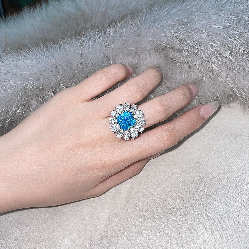 OliyaDesign 5Ct Square 10*10 Floral Design 925 Silver Aquamarine Ring