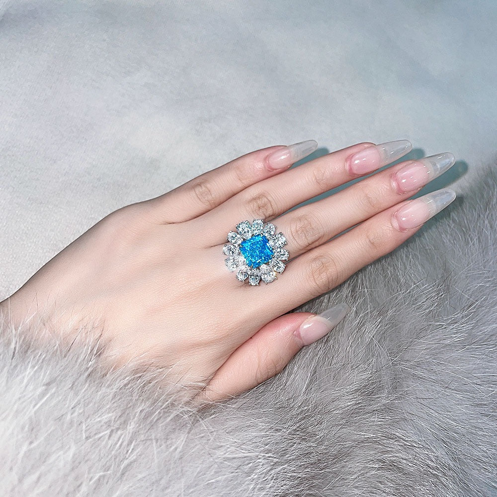 OliyaDesign 5Ct Square 10*10 Floral Design 925 Silver Aquamarine Ring