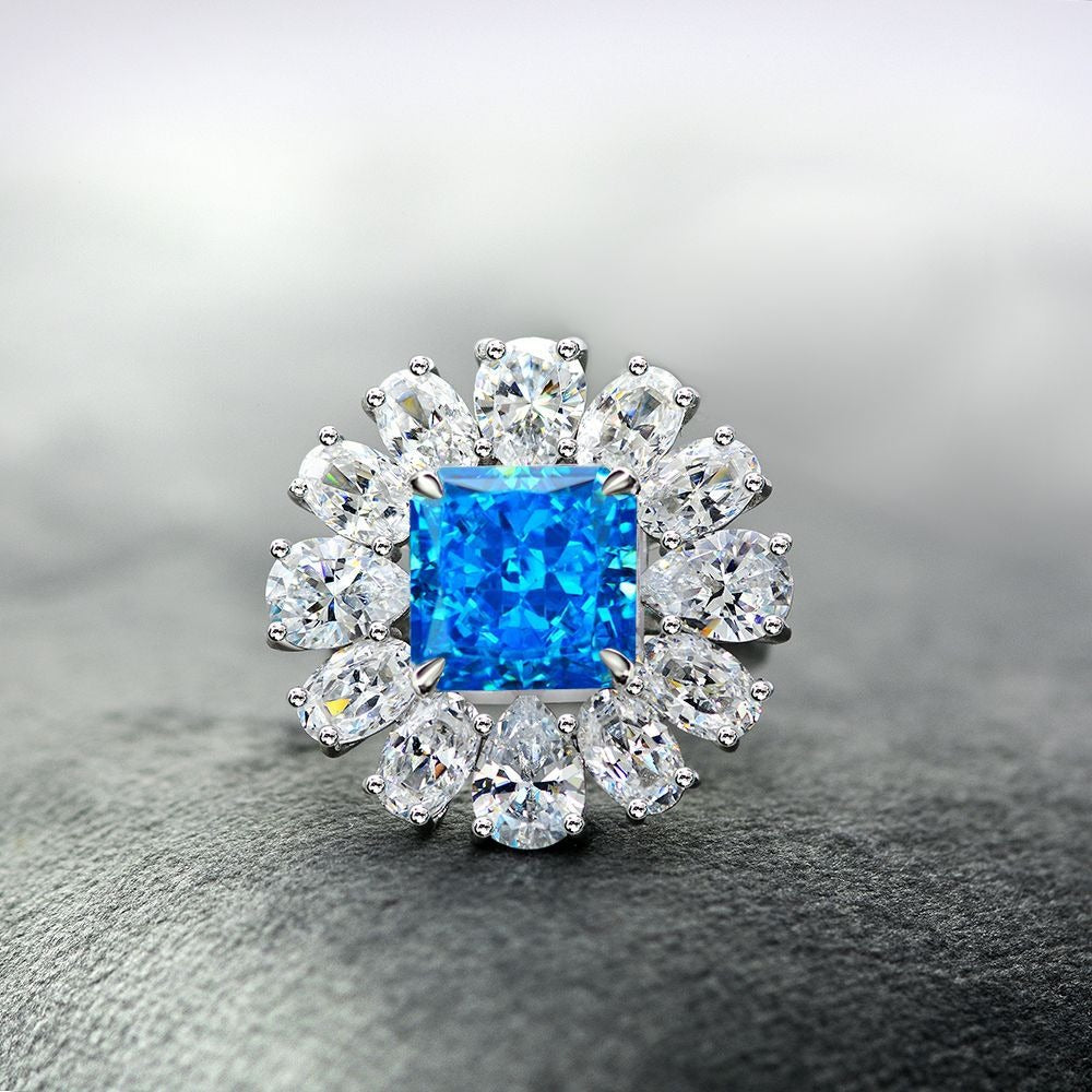 OliyaDesign 5Ct Square 10*10 Floral Design 925 Silver Aquamarine Ring