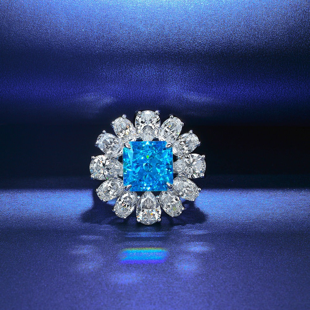 OliyaDesign 5Ct Square 10*10 Floral Design 925 Silver Aquamarine Ring