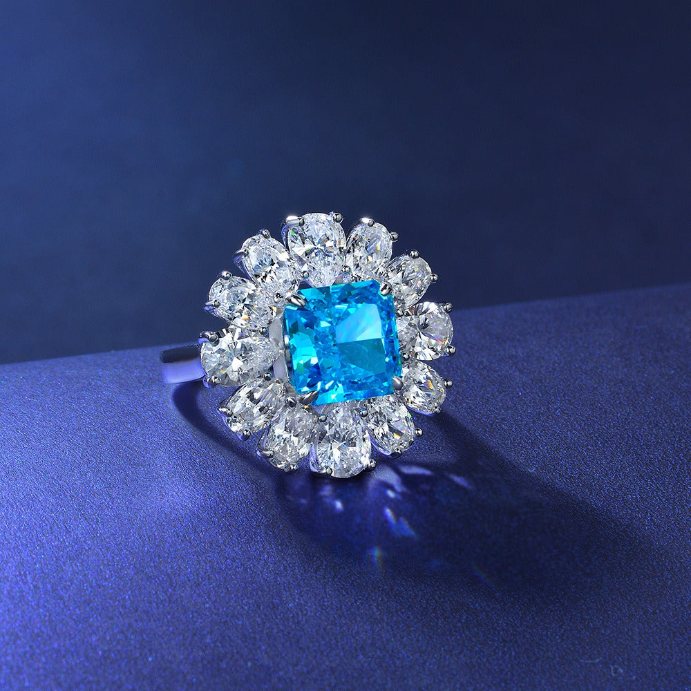 OliyaDesign 5Ct Square 10*10 Floral Design 925 Silver Aquamarine Ring