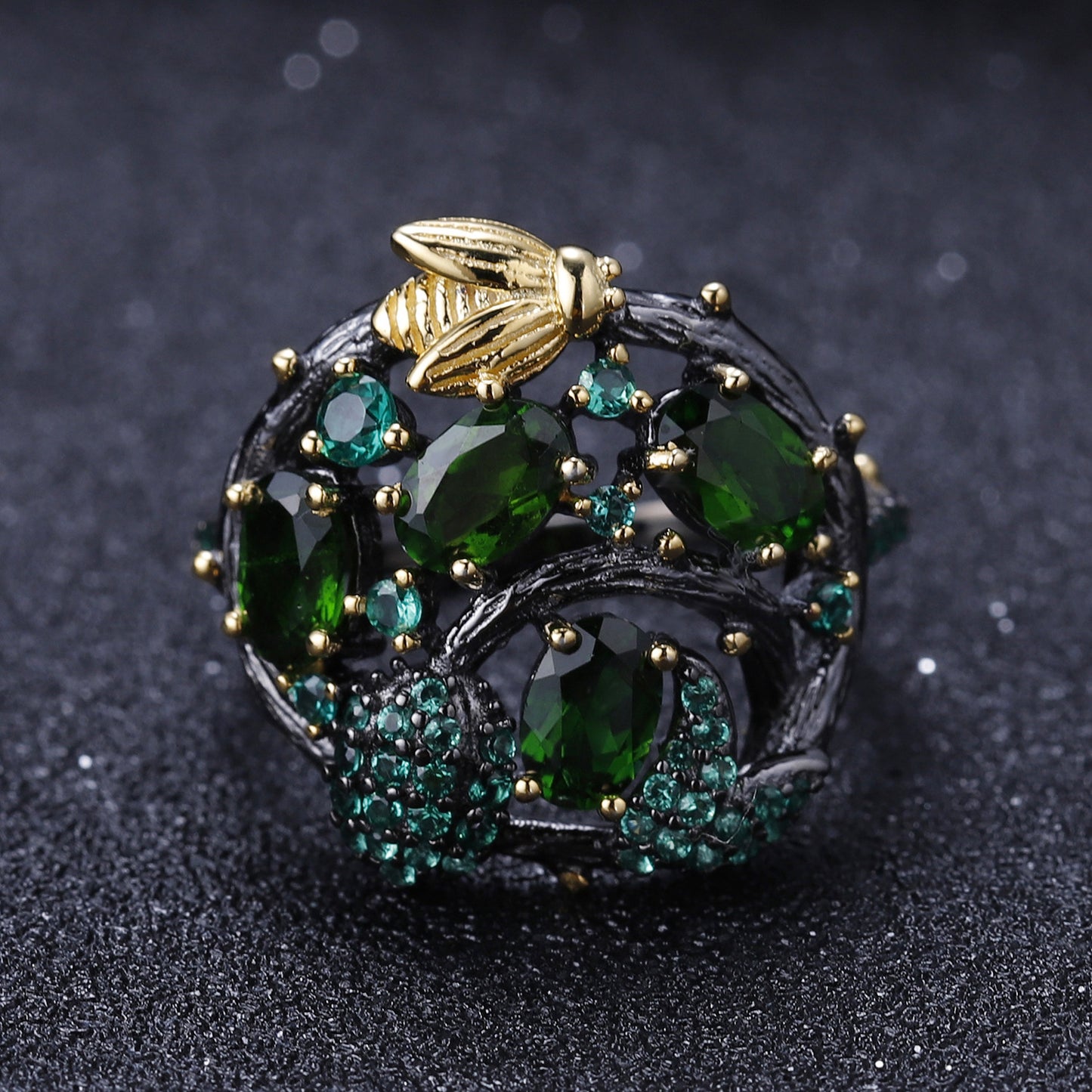 OliyaDesign Secret Garden Natural Floral Design S925 Sterling Silver Natural Rose Pomegranate Ring