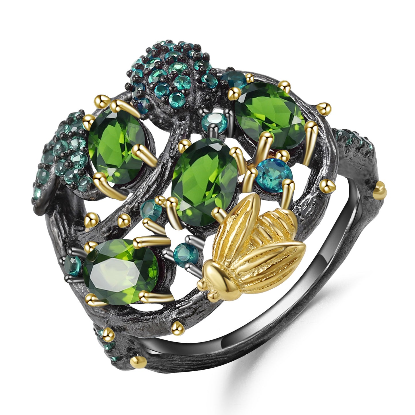 OliyaDesign Secret Garden Natural Floral Design S925 Sterling Silver Natural Rose Pomegranate Ring