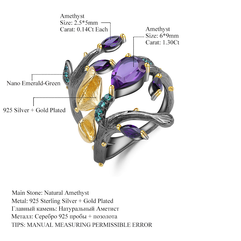 OliyaDesign Russian Secret Garden Natural Style Butterfly S925 Sterling Silver Natural Amethyst Ring